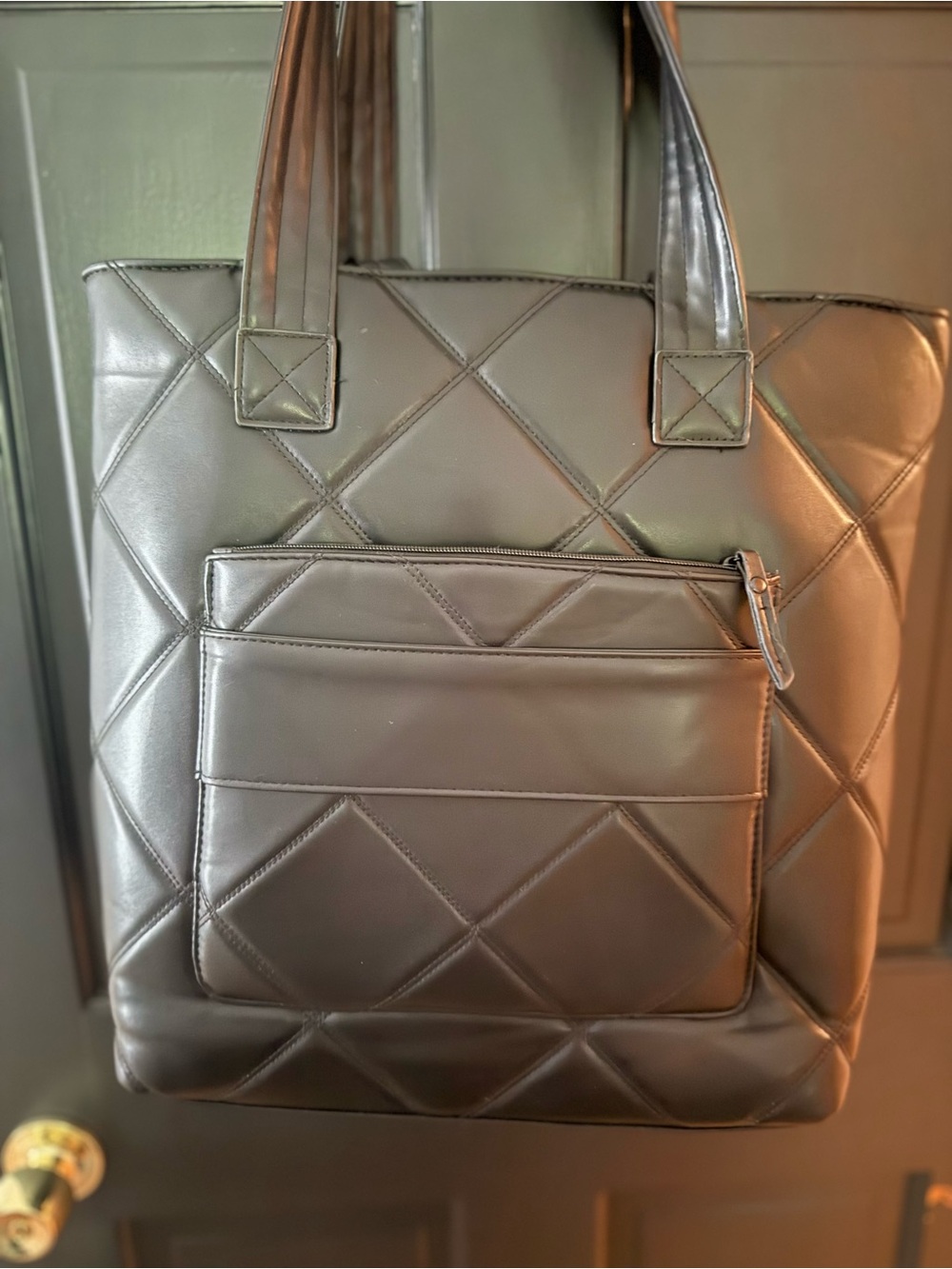 Quilted Black Tote Bag with Front Zip Pocket - Picture 2 of 5